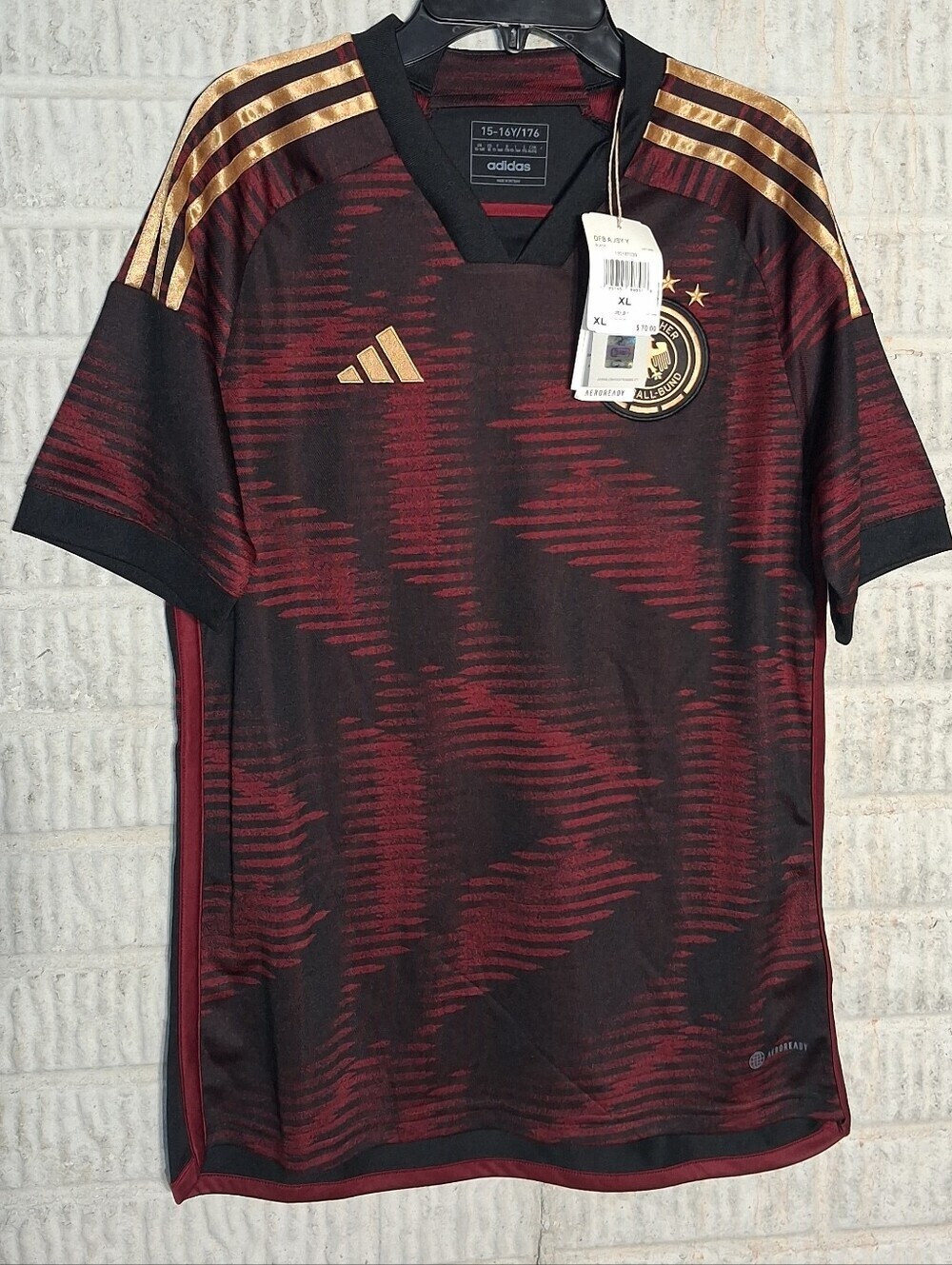 Adidas Boys Deutscher Fussball Bund Soccer Jersey in Black, Burgundy & Gold